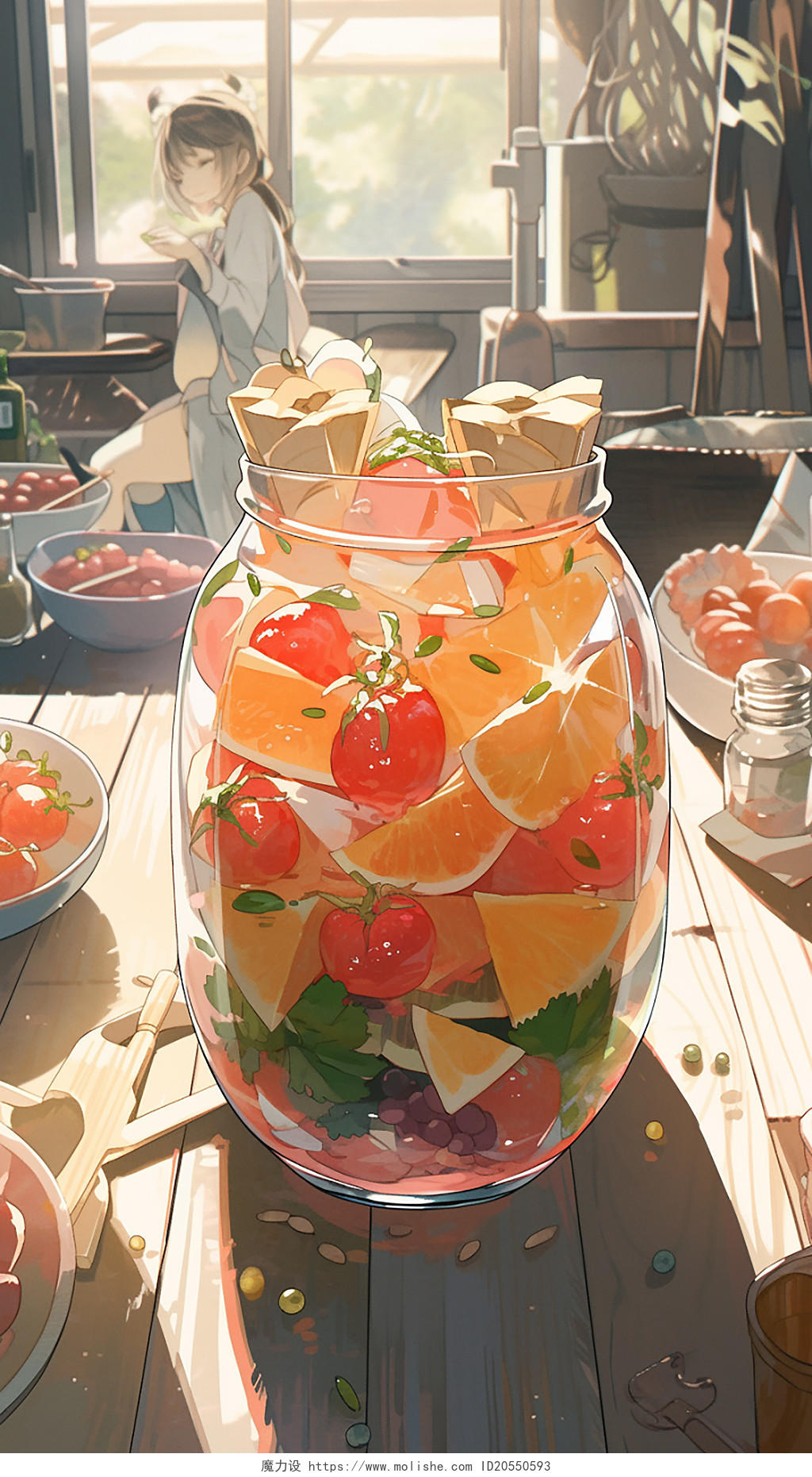 夏天果汁饮料水果冰淇淋动漫二次元下午茶插画人物场景